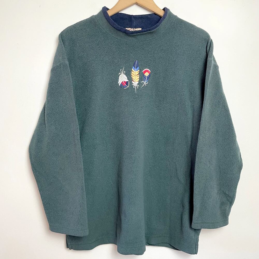 Vintage 90s‎ Emboridered Fleece Sweatshirt Large Feathers Southwest Rustic Retro